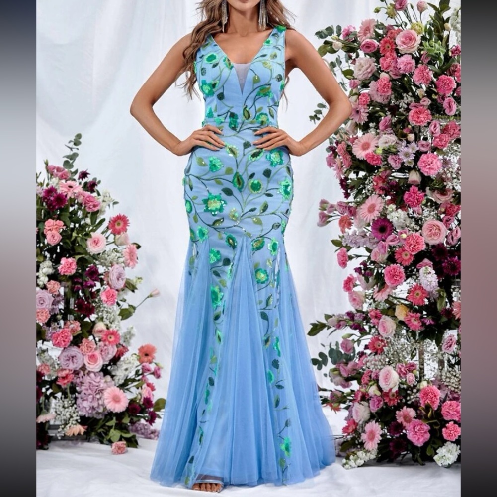 Luxe embroidered mesh party bridesmaids prom wedding dress